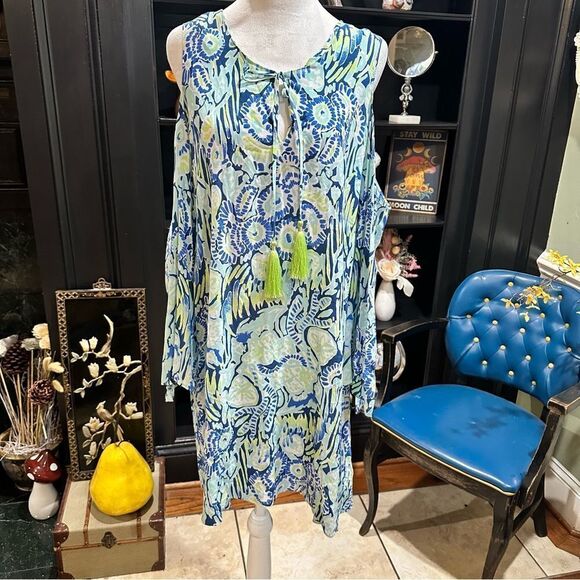 Lilly Pulitzer Benicia Cold Shoulder Tunic Dress Indigo Sunset Blue M - Picture 1 of 10
